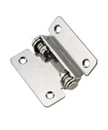 Close-up of stainless steel two-plate hinge with spring-loaded torque-damping for 180-degree rotation