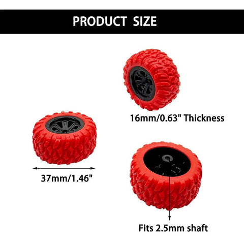 8 Pack RC Car Wheels Rubber Tires With Shafts 2.5mm Round Rod Axles For RC Cars Trucks Robots DIY, 37mm size, red rubber.