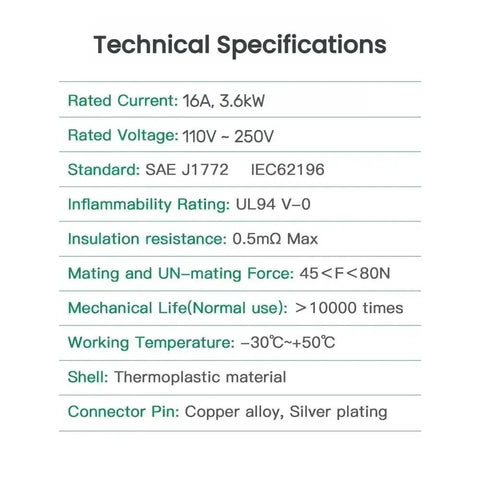 Technical specifications of Premium Type 2 To Type 1 EV Charging Cable 5 Meter Heavy Duty Electric Vehicle Extension Cord.
