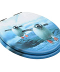 Slick Soft Close Toilet Seat With Dope Penguin Design And Solid Zinc Alloy Hinges For Bathroom Plumbing Hardware And Premium MDF Construction With Pro Grade Water Resistant Finish, featuring playful penguin graphics.