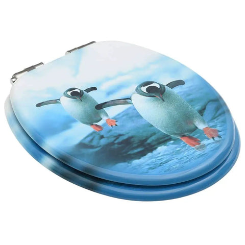 Slick Soft Close Toilet Seat With Dope Penguin Design And Solid Zinc Alloy Hinges For Bathroom Plumbing Hardware And Premium MDF Construction With Pro Grade Water Resistant Finish, featuring playful penguin graphics.