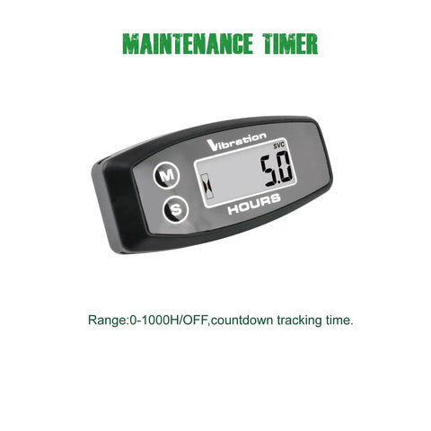 Vibration Hour Meter IP67 Waterproof With Adjustable Sensitivity Low Medium High For Gas And Diesel Equipment, Tracks Total Hours And Resettable Job Hours, Helps Plan Maintenance And Service Intervals. Black vibration hour meter with M and S buttons, 5.0 display.