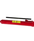 8-ton hydraulic long-ram jack with single piston pump and clevis base, red.
