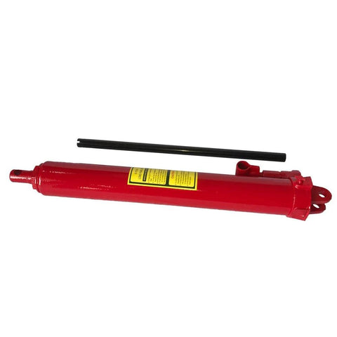 8-ton hydraulic long-ram jack with single piston pump and clevis base, red.