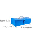Heavy Duty Blue Metal Toolbox For Mechanics Portable Storage Case With Slick Organizer Layout Tough As Nails Build, shown dimensions 35.5cm x 17cm x 11.5cm.