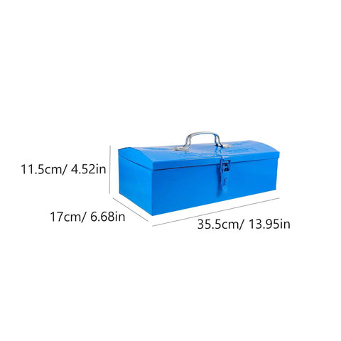 Heavy Duty Blue Metal Toolbox For Mechanics Portable Storage Case With Slick Organizer Layout Tough As Nails Build, shown dimensions 35.5cm x 17cm x 11.5cm.