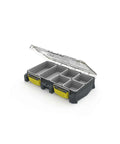 Modular Tackle Box With HEXLOK Grid System Waterproof Gasket Rust Prevention And Industrial Strength Build For Terminal Tackle And Small Parts No Travel Internal Bins Grey And Yellow open with clear lid view