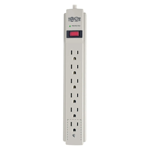 Front view of Must Have Surge Protector Power Strip With Six Outlets, Eight Foot Cord, 990 Joule Rating, Flat Plug, 120V Gray