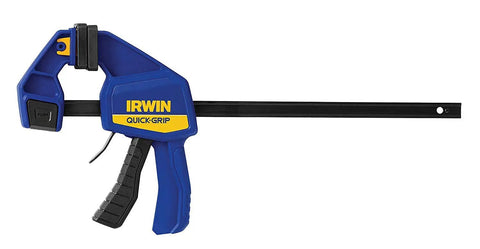 One Handed Bar Clamp Set 12 Inch Medium Duty Five Pack With Quick Change Button, blue handle, metal bar, 300 lb clamping power.