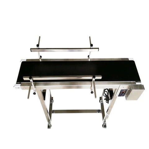 Top view of 110V PVC Belt Conveyor with Double Guardrail Workhorse 47.2 Inch Length 7.8 Inch Belt Width and Stainless Steel Frame