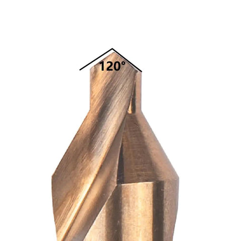 Close-up of 60° M35 cobalt center drill bit from Seven Piece Cobalt Center Drill Bits Set With M35 Pro Grade High Speed Steel 60 Degree Center Drill Bits Kit Countersink Tools For Lathe And Metalworking Includes Sizes 1.0 1.5 2.0 2.5 3.0 4.0 5.0 showing 120° split point