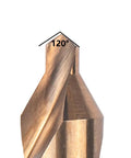 Close-up of 120-degree tip of drill from Beast Mode Cobalt Center Drill Bits Set M35 HSS 60 Degree 4 Inch For Lathe And Metalworking 5 Piece Kit.