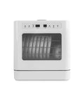 Skip the Sink Fully Automatic Desktop Dishwasher For Home Kitchen Large Capacity Auto Wash System With Triple Filter And Front Loading Design Easy Setup Plumbing Free Hands Off Cleanup Routine front view showing clean dish rack and control panel.