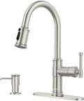 Vintage Style Kitchen Faucet With Built In Soap Dispenser No Fuss Single Handle High Arc Pull Down Sprayer Antique Look Three Modes Brushed Nickel Finish APS136 Standard Upgrade Your Sink Setup