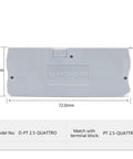 Gray plastic rail end clamp D-PT 2.5-QUATTRO with dimensions, for electrical panels, part of 100 pieces 2.5mm square wire