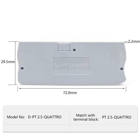 Gray plastic rail end clamp D-PT 2.5-QUATTRO with dimensions, for electrical panels, part of 100 pieces 2.5mm square wire
