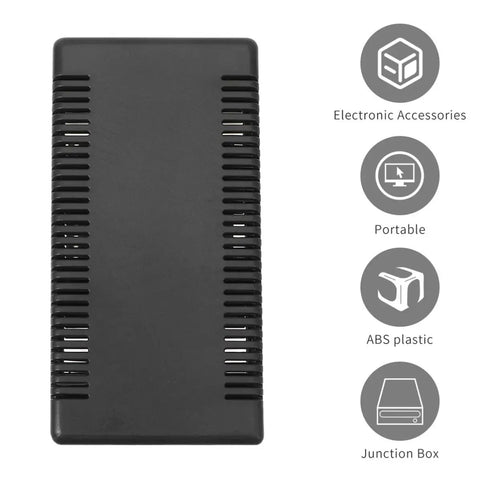 Heavy Duty Black ABS Project Junction Box Kit With Snap Cover Design for Power Supply, LED Circuit Boards And Electronics Projects To Keep Dust Out And Protect Wiring Easily, front view.