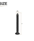 100 Pack Of Badass Black Flat Head Wood Screws Heavy Duty Self Tapping Fasteners In Four By One Inch Size Made From Tough 304 Stainless Steel shown in size #4 and 1 inch.