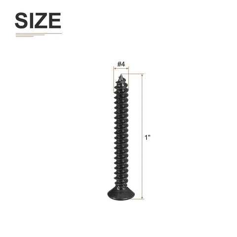 100 Pack Of Badass Black Flat Head Wood Screws Heavy Duty Self Tapping Fasteners In Four By One Inch Size Made From Tough 304 Stainless Steel shown in size #4 and 1 inch.
