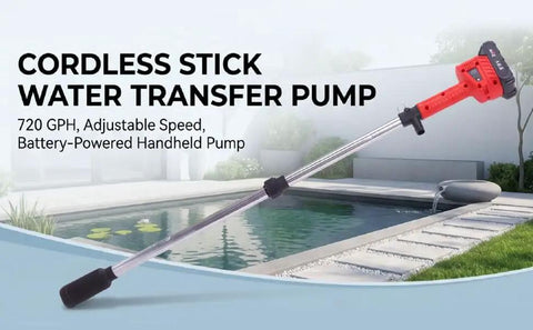 Heavy Duty Cordless Stick Transfer Pump With 720 GPH Flow For Diesel Gas And Water Use No Fuss Design, battery-powered handheld.