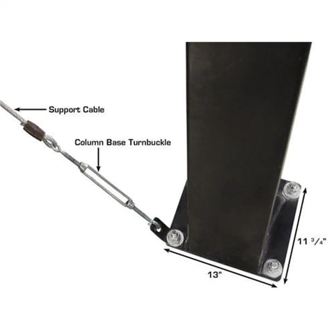 Column base with turnbuckle support cable for Weekend Warrior 4 Post Car Stack Lift, 7K Lb Twin Deck Garage Hoist.