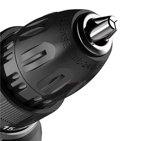 Close-up of the Rugged Cordless Impact Drill And Electric Hand Screwdriver With Rechargeable Lithium Battery's chuck and release mechanism.