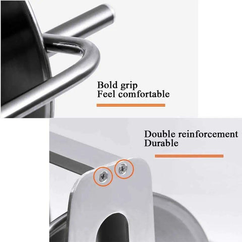 Close-up of heavy duty stainless steel garden hose reel's bold grip and reinforced mounting for smooth pull design.