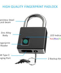 Diagram showcasing Biometric Keyless Fingerprint Padlock With 2 Backup Keys And USB Rechargeable Power, black steel body.
