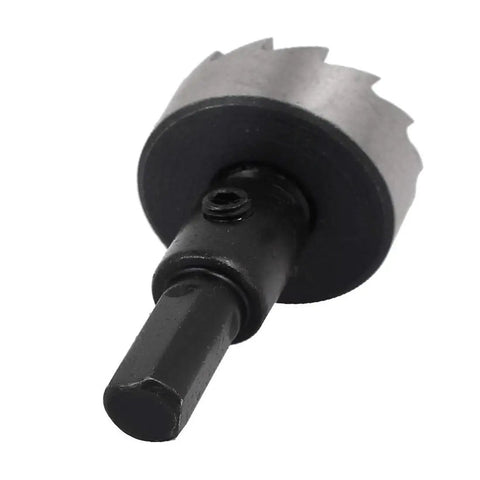 Close-up of HSS Spring Loaded Twist Drill Bits And 27mm Hole Saw Set, 66mm Overall Length, 2 Piece Kit With Hex Wrenches And Case, Built Tough