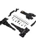 Deluxe Decorative T-Hinge Gate Kit Built Tough In Black Steel Finish With Latch Strike Pull, hardware for outdoor fence gates.