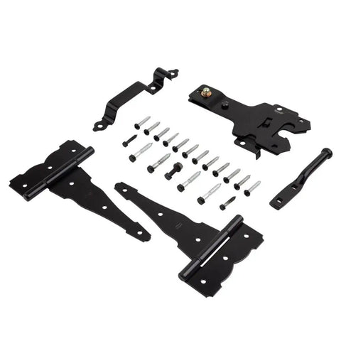 Deluxe Decorative T-Hinge Gate Kit Built Tough In Black Steel Finish With Latch Strike Pull, hardware for outdoor fence gates.