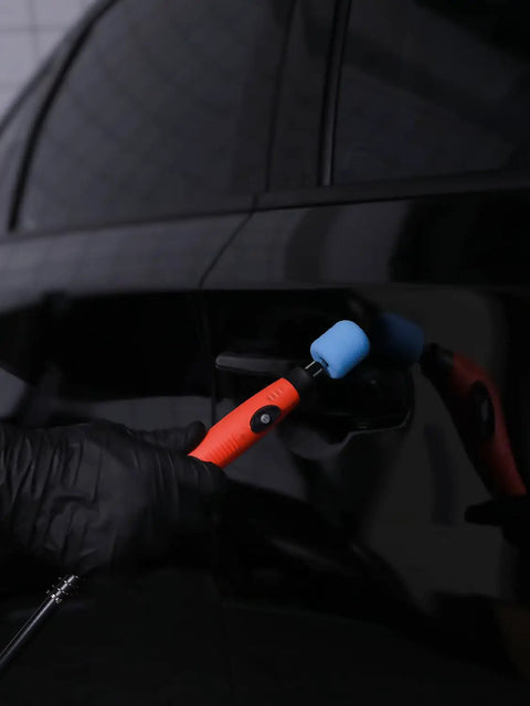 Mini Buffing Polishing Pads Kit For Nitty Gritty Detail Jobs Compatible With Cordless Drills And Rotary Tools in use on car door.