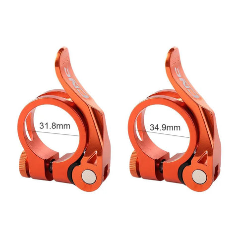 Seat Post Clamp 31.8mm For Mountain Bike Quick Release Aluminum 7075 T6 Alloy Adjustable Seat Tube Clamp Purple Durable Lightweight Easy Height Adjustment Built For Rugged Trails And Everyday City Riding On The Go in orange, two sizes shown, side view.