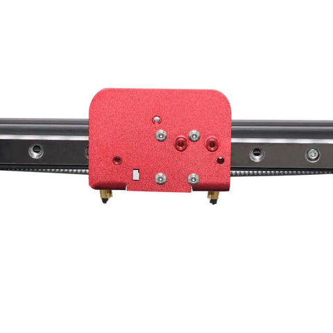 Front view of X Axis MGN12C Linear Rail Kit With Aluminum Fix Plate Bracket Upgrade For Budget Desktop 3D Printers Red Bracket Finish Boosts X Axis Precision And Reduces Distortion No Rail Included Easy Bolt On Install showing red aluminum bracket and rail mount.