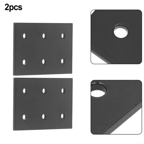Heavy Duty Stainless Steel Flat Connecting Plates With 6 Holes For Table Chair Bed Shelf Frame Repair Black Heavy Hardware Fasteners shown in two pieces with visible holes.