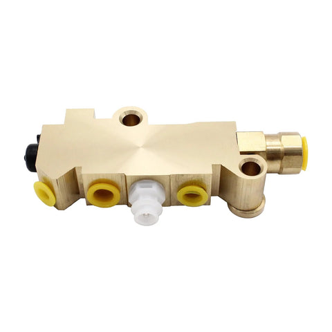Side view of brass PV2 proportioning valve for drum brakes; brass body with white adjustment knob and yellow ports