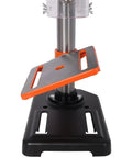 Get This Awesome 8 Inch Benchtop Drill Press With Laser Guide And Vise For Precision Drilling showing tilting metal worktable.