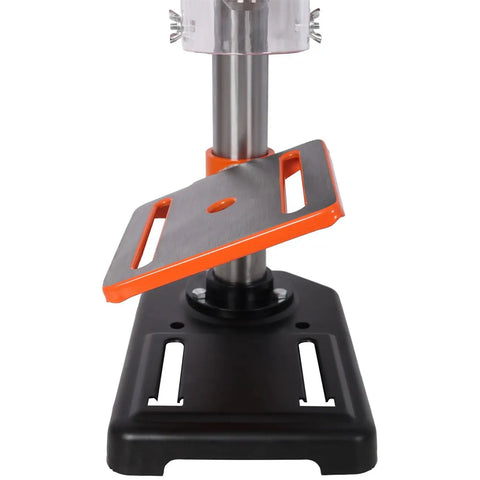 Get This Awesome 8 Inch Benchtop Drill Press With Laser Guide And Vise For Precision Drilling showing tilting metal worktable.