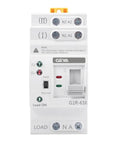 Front view of Compact Dual Power Auto And Manual Transfer Switch With Over And Under Voltage Protection For Solar And Grid DIN Rail Mount 2 Pole 63A 110V Uninterruptible Power Switch Built For Home Backup Workshop Or Off Grid Systems.
