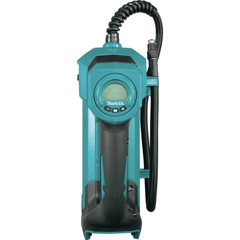 Makita DMP181ZX cordless high-pressure inflator; teal plastic body with black hose.