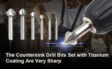 Six-piece set of silver HSS countersink end mill bits with titanium coating for 90-degree chamfering