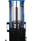 Top Tier Heavy Duty Semi Electric Pallet Stacker With A Brawny Three Thousand Three Hundred Pound Lift Capacity smooth polyurethane wheels.