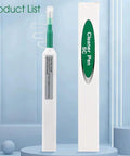 Front view of white fiber cleaner pen with green tip and box, for 2.5mm ferrules (SC/FC/ST, FC/APC)