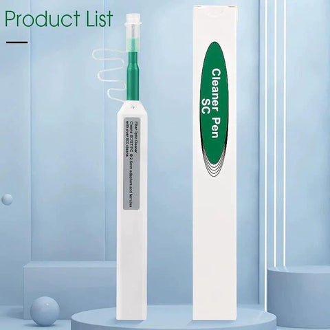Front view of white fiber cleaner pen with green tip and box, for 2.5mm ferrules (SC/FC/ST, FC/APC)