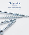 Four zinc-coated pocket hole screws with sharp self-tapping tips, designed for quick wood joints, shown in close-up.