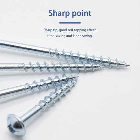 Four zinc-coated pocket hole screws with sharp self-tapping tips, designed for quick wood joints, shown in close-up.