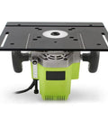 Built Tough Aluminum Router Table Insert Plate And Portable Woodworking Bench Flip Plate Kit With Integrated Miter Gauge Guide and Sliding Fence Brackets for Precision Cuts, top view showing router setup.