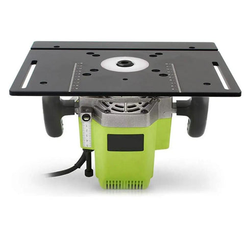 Built Tough Aluminum Router Table Insert Plate And Portable Woodworking Bench Flip Plate Kit With Integrated Miter Gauge Guide and Sliding Fence Brackets for Precision Cuts, top view showing router setup.