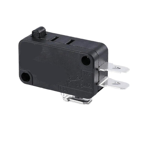 Compact Silver Micro Switch Built Tough For Industrial And Household Appliances Featuring A Dustproof Housing And No Sweat Mounting With Heavy Duty Terminals And Rock Solid Durability For Your Electric Clothes Drying Rack, side view showing terminals.