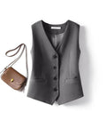 Women's Vintage Layering Vest In Cotton Stretch With Side Elastic Panels And Back Mesh Design For That Relaxed Old Money Vibe And Super Comfy All Season Fit In Warm Brown with button detail and side pockets.